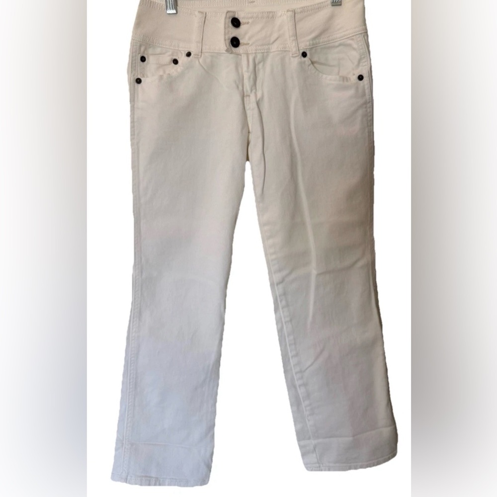 GUESS DENIM WHITE WOMAN’S JEANS 5 POCKET MID RISE BEIGE STITCHING VINTAGE SZ 27